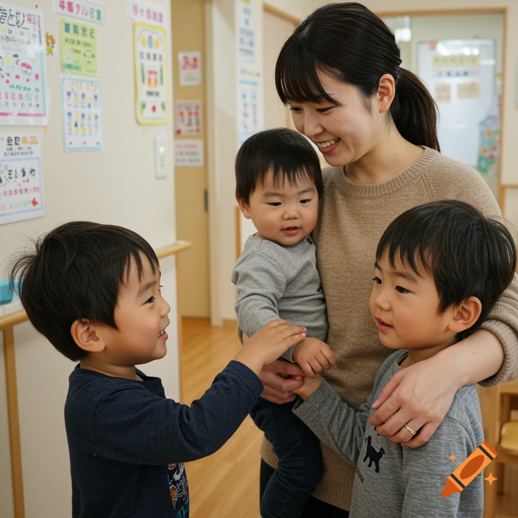 A woman smiles while holding two young boys, with another boy beside them, in an indoor setting.