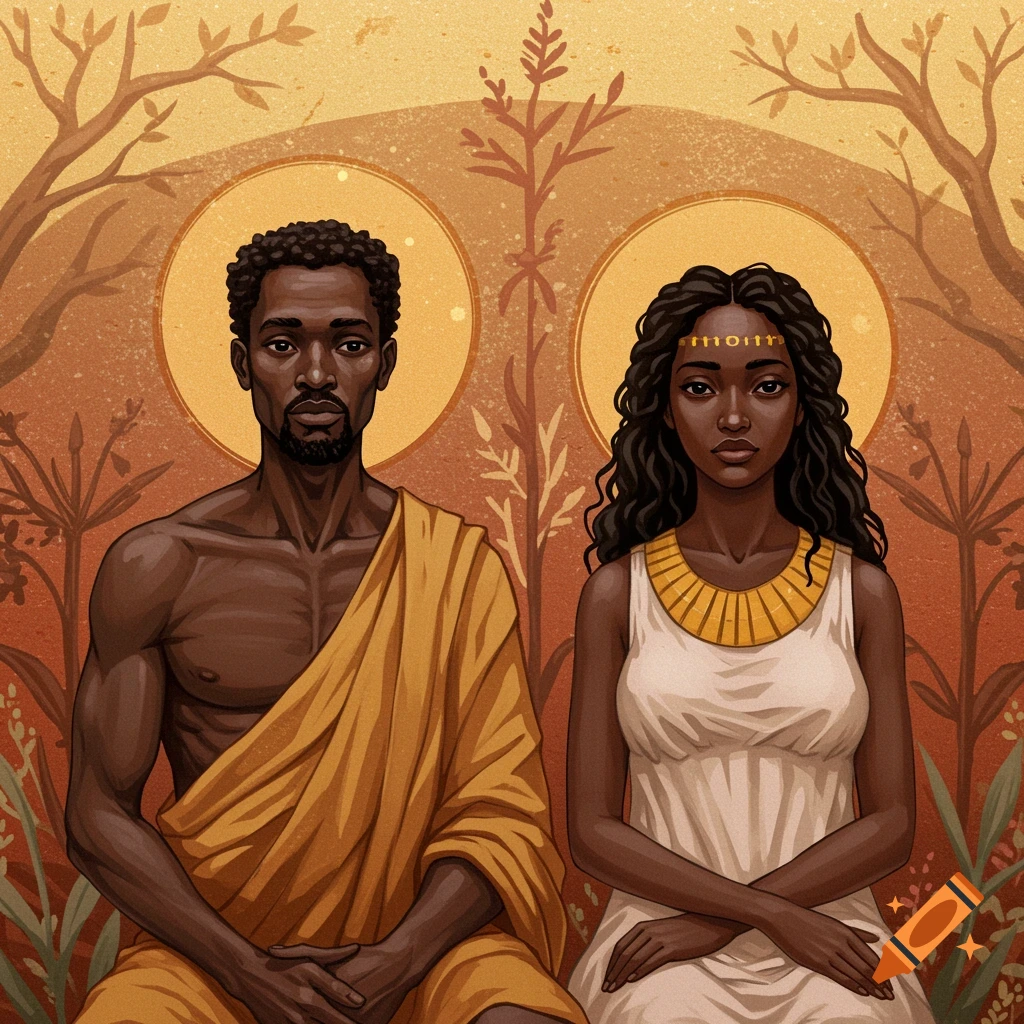African Adam and Eve with halos in a stylized nature setting.
