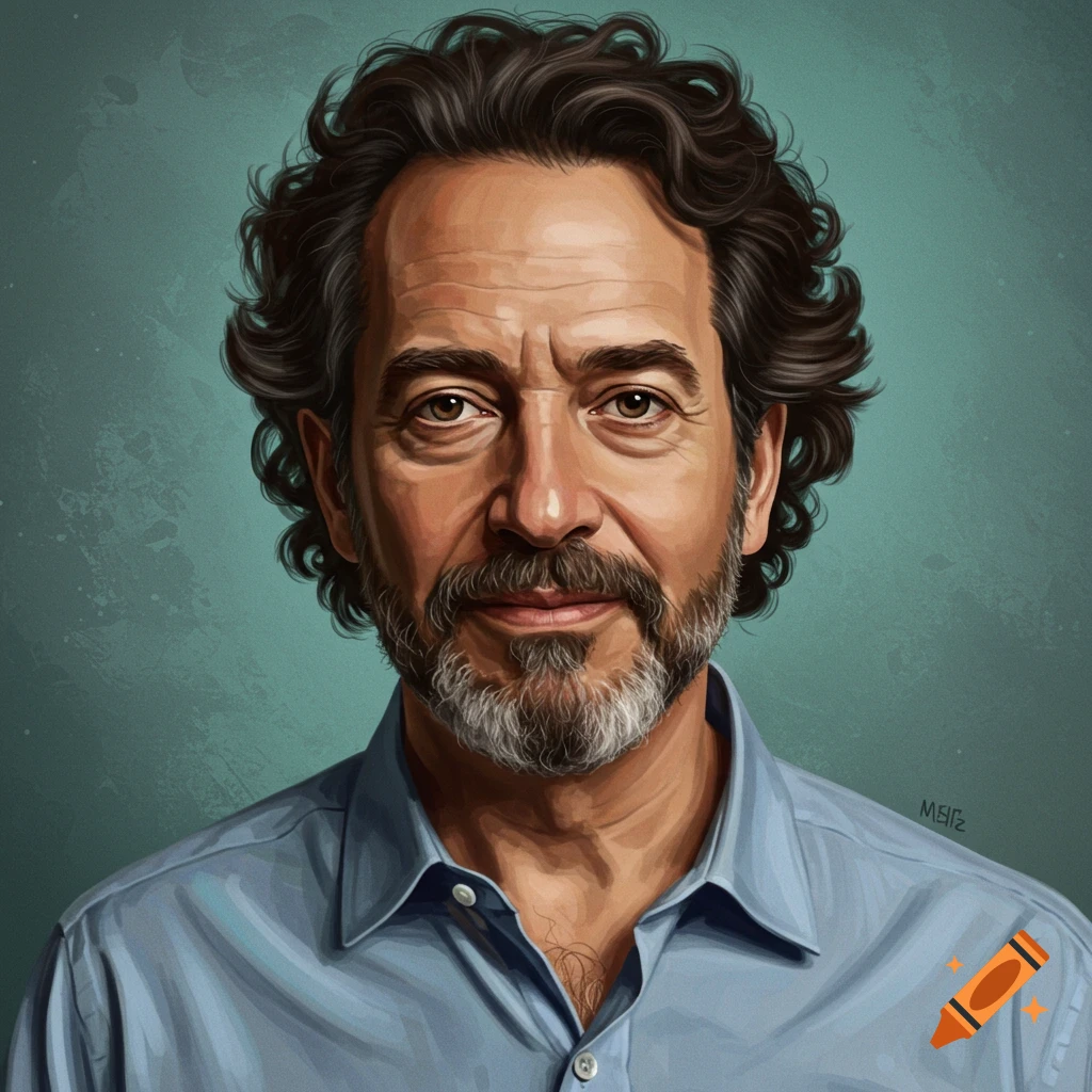 Portrait of a man with dark curly hair and beard wearing a blue shirt.