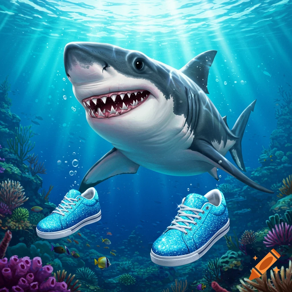 A cartoon shark swims underwater among coral reefs with shiny blue shoes.