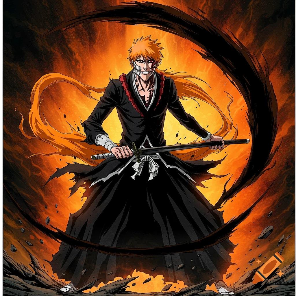 Anime illustration of Ichigo from Bleach with sword and fire background