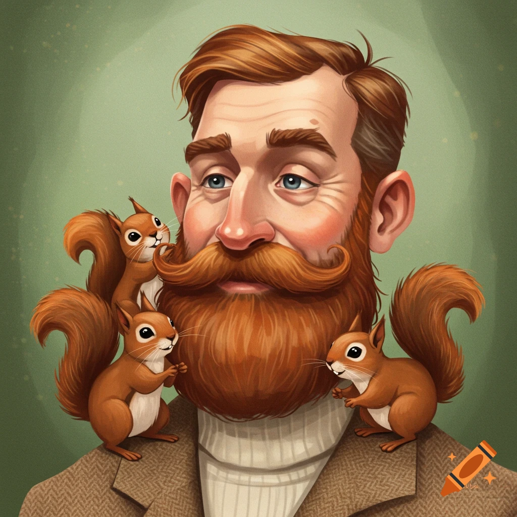 A man with a large beard and three squirrels.