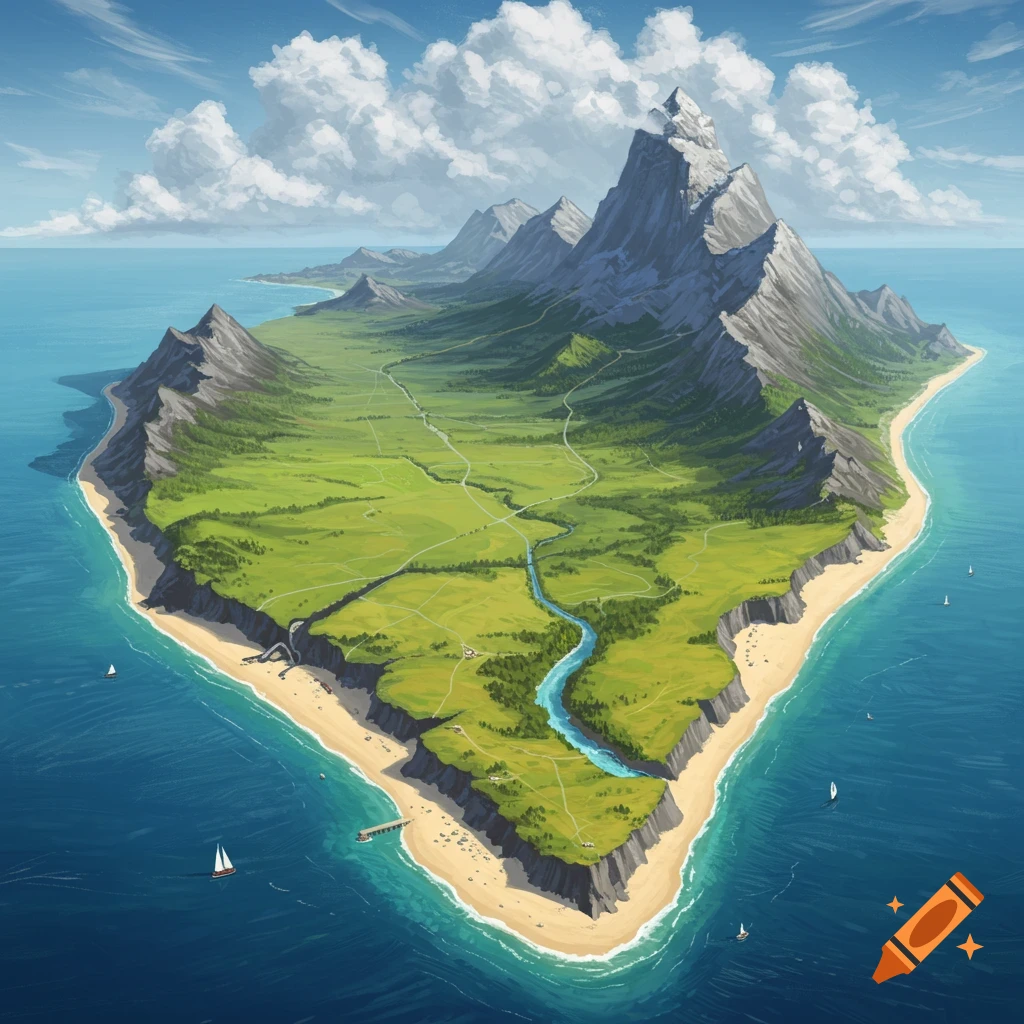 An aerial view of a large island with mountains, fields, river, beaches, and sea.
