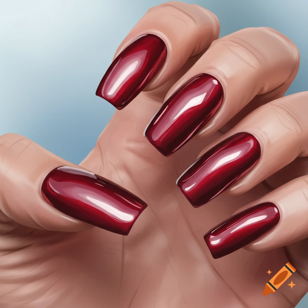 A hand with long, glossy red nails.