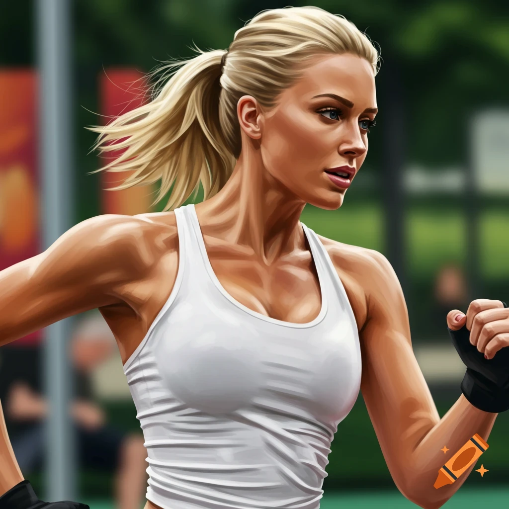 a blonde athletic woman in a white tank top