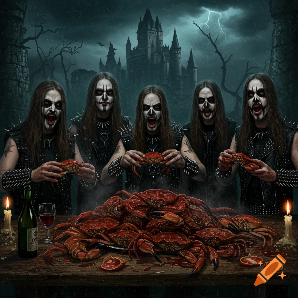 Black metal band members in corpse paint eating a pile of crabs at a table with a castle in the stormy background.