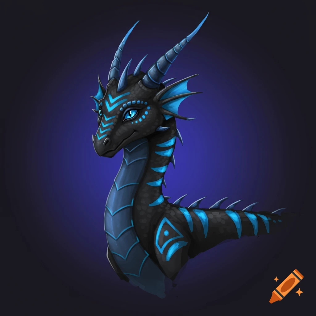 A portrait of a black dragon with blue markings and glowing blue eyes.