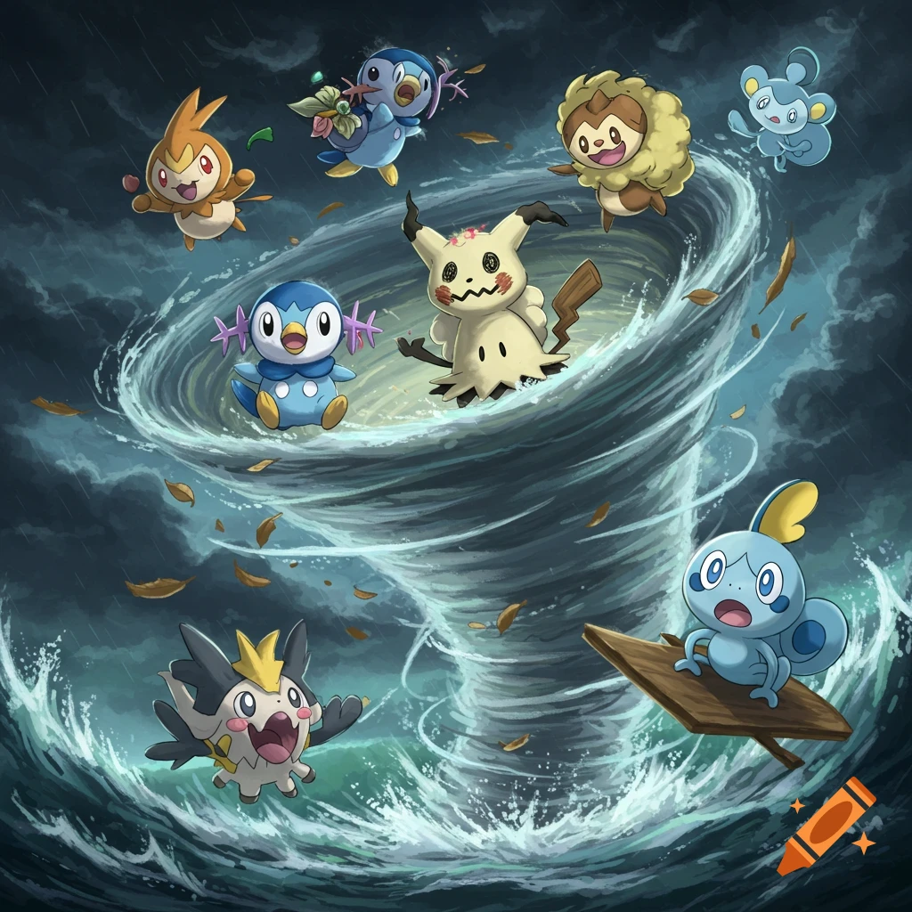 Pokemon characters caught in a tornado in a stormy sea