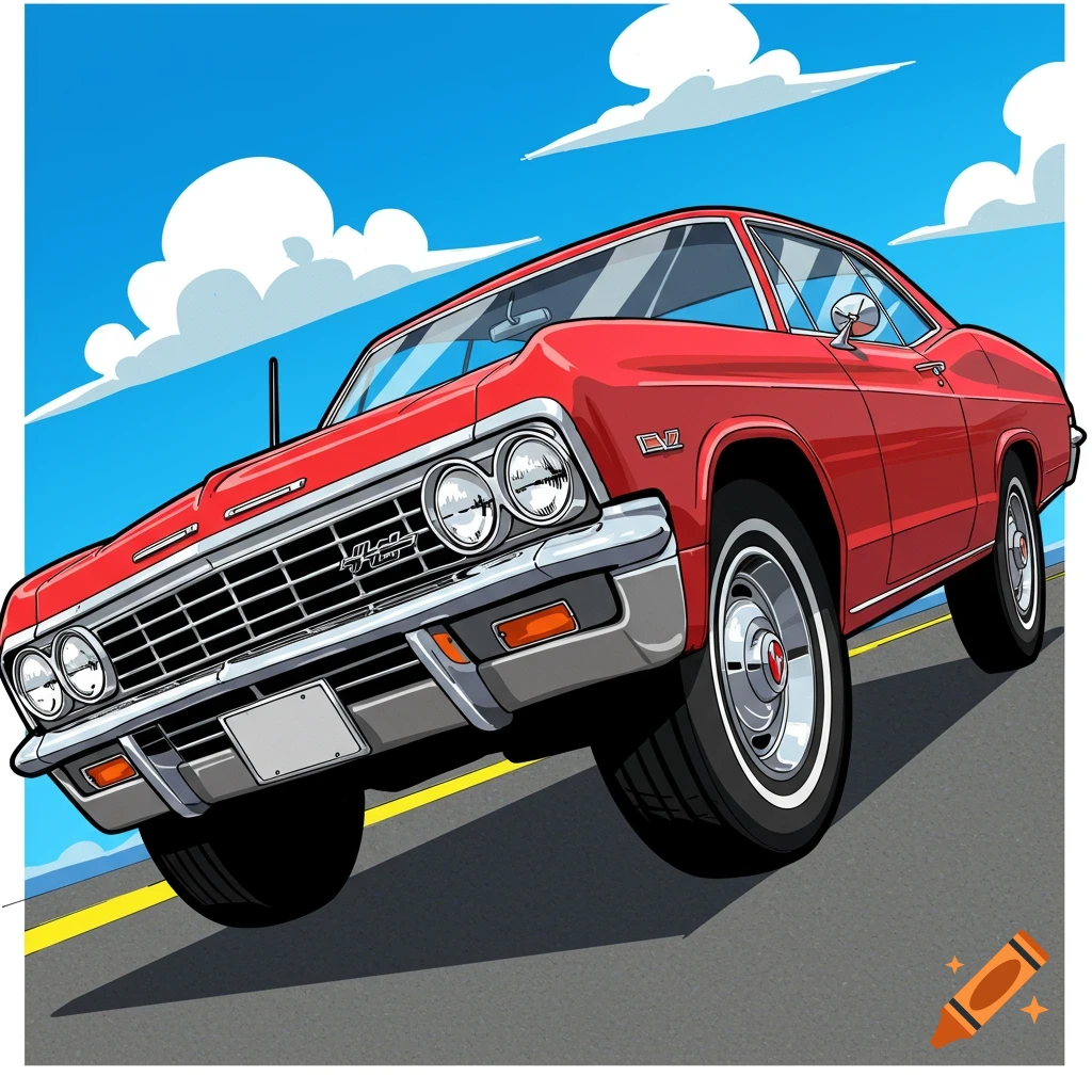 Cartoon of a red 1966 Chevy Impala car driving on a road.