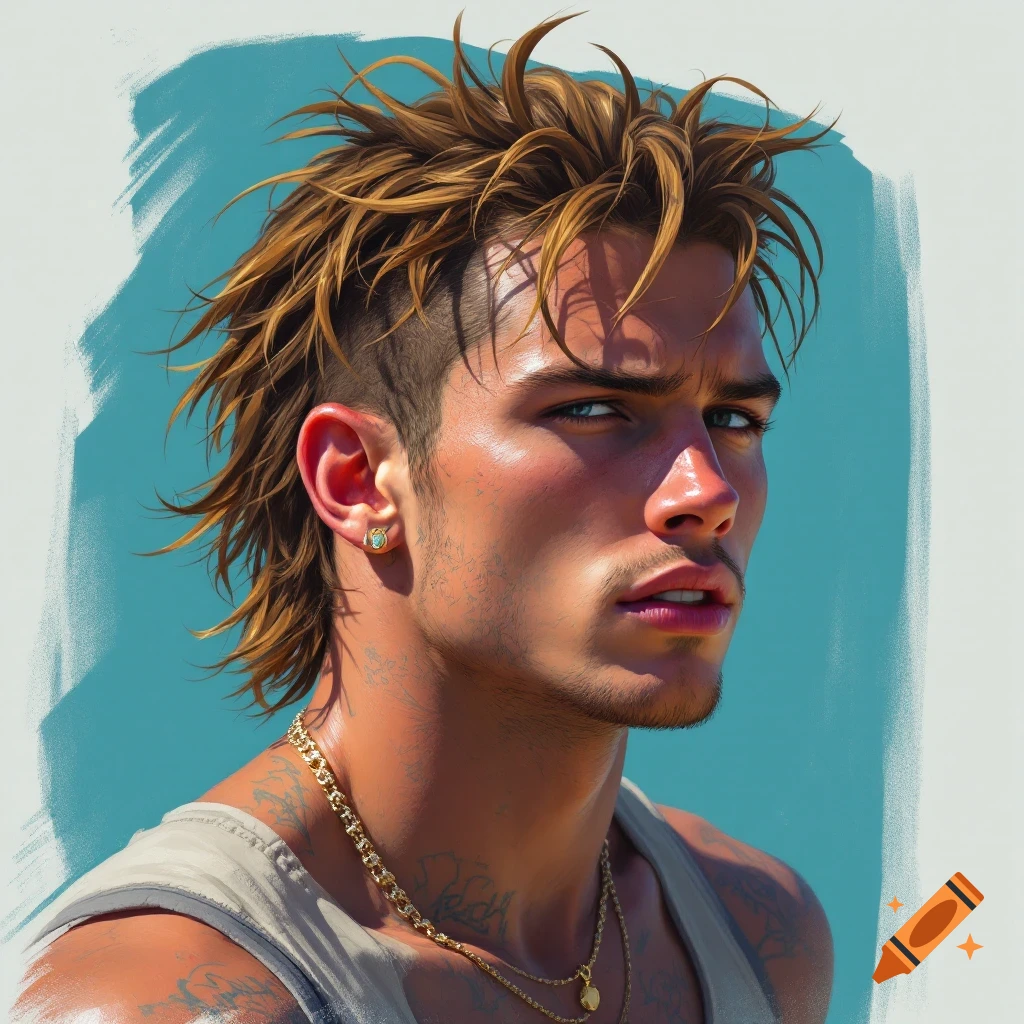 Portrait of a man with a mullet-like hairstyle, tattoos, and gold chain against a blue and white background.