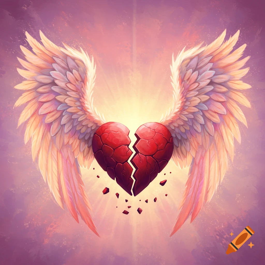 A broken red heart with large angel wings and glowing light.