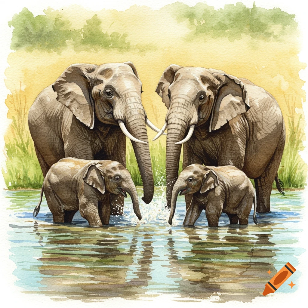 Watercolor painting of a family of elephants, including adults and babies, splashing in shallow water.