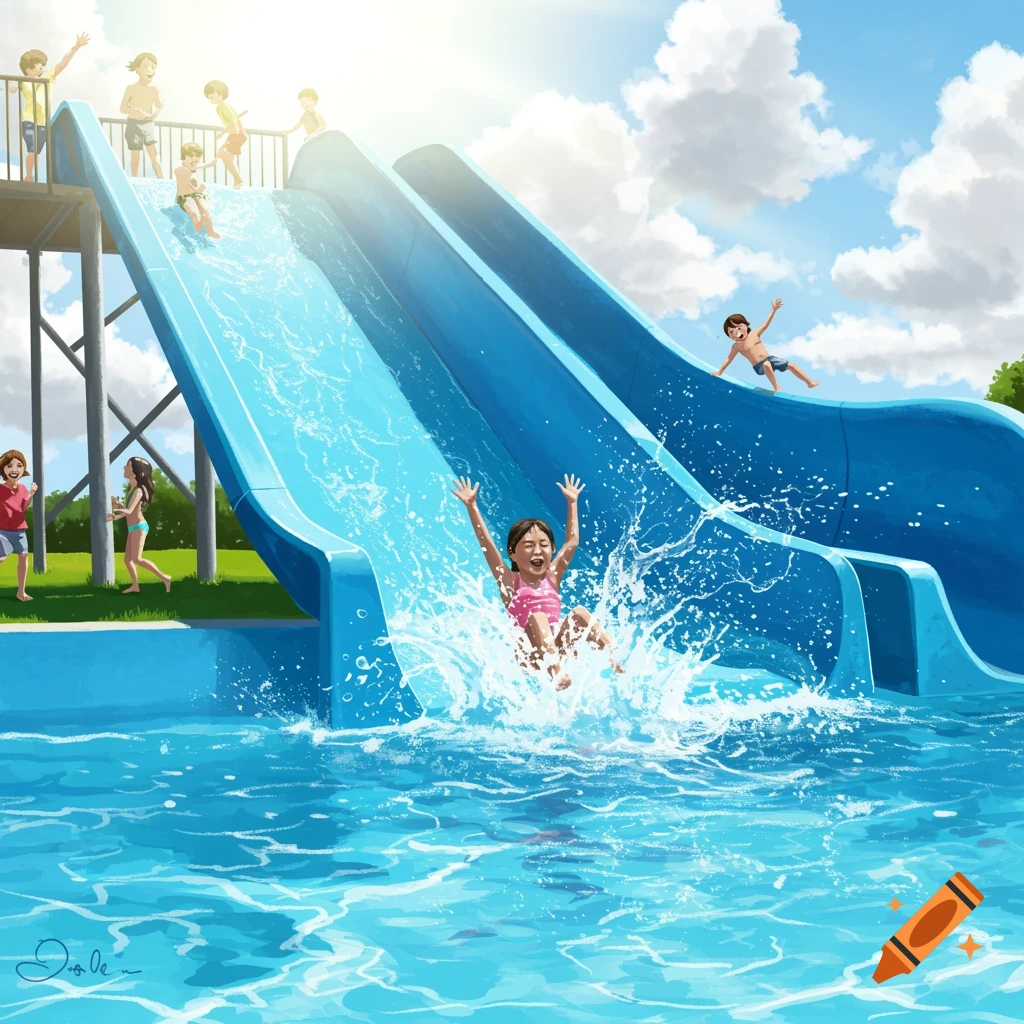 People are enjoying a water slide with splashing water on a sunny day.