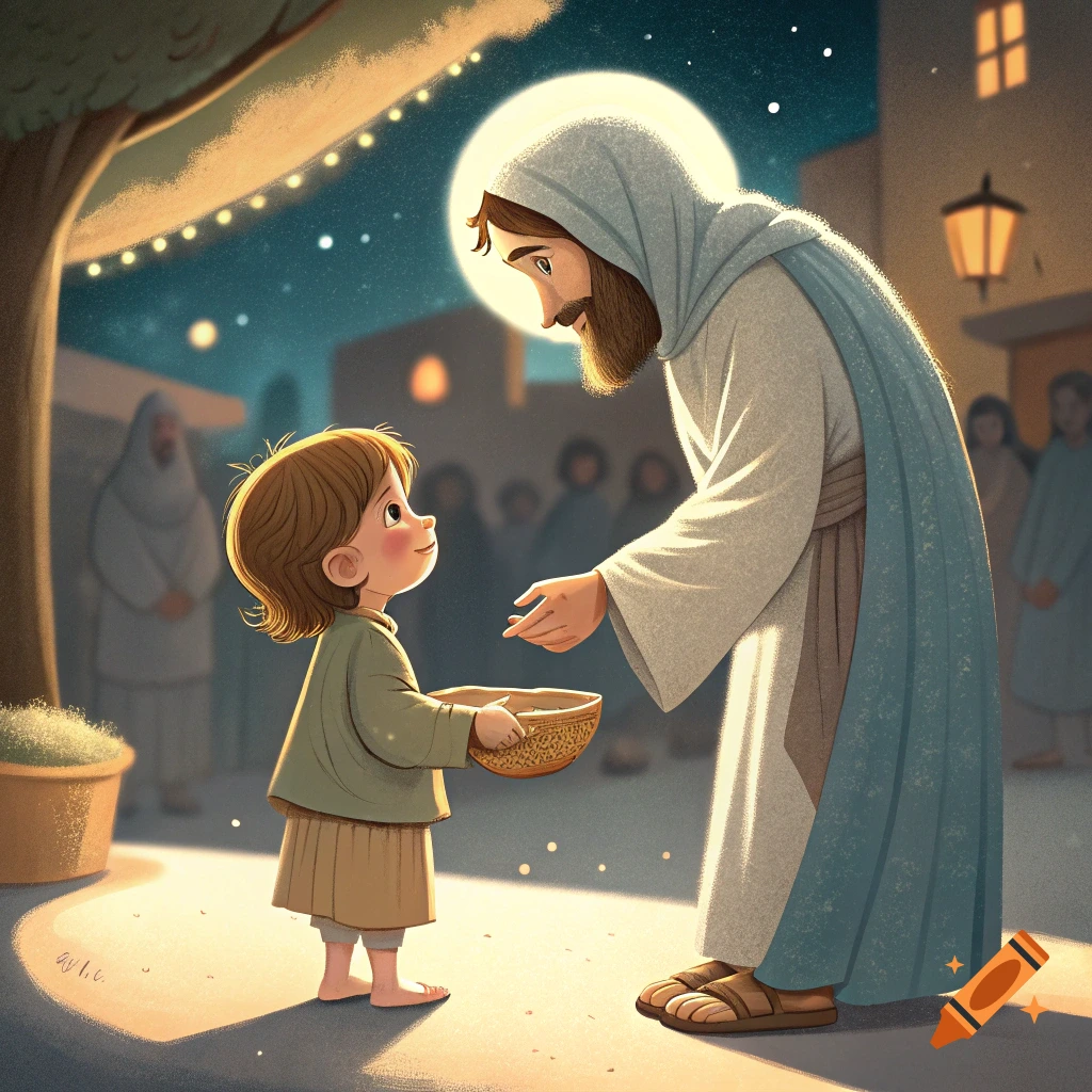 Cartoon illustration of Jesus and a child under a full moon.