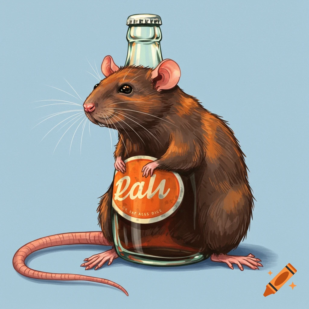 A brown rat is holding a bottle with a label.