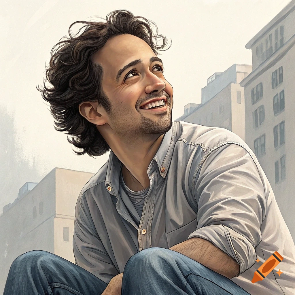Illustration of Lin-Manuel Miranda smiling and looking up, with buildings in the background.
