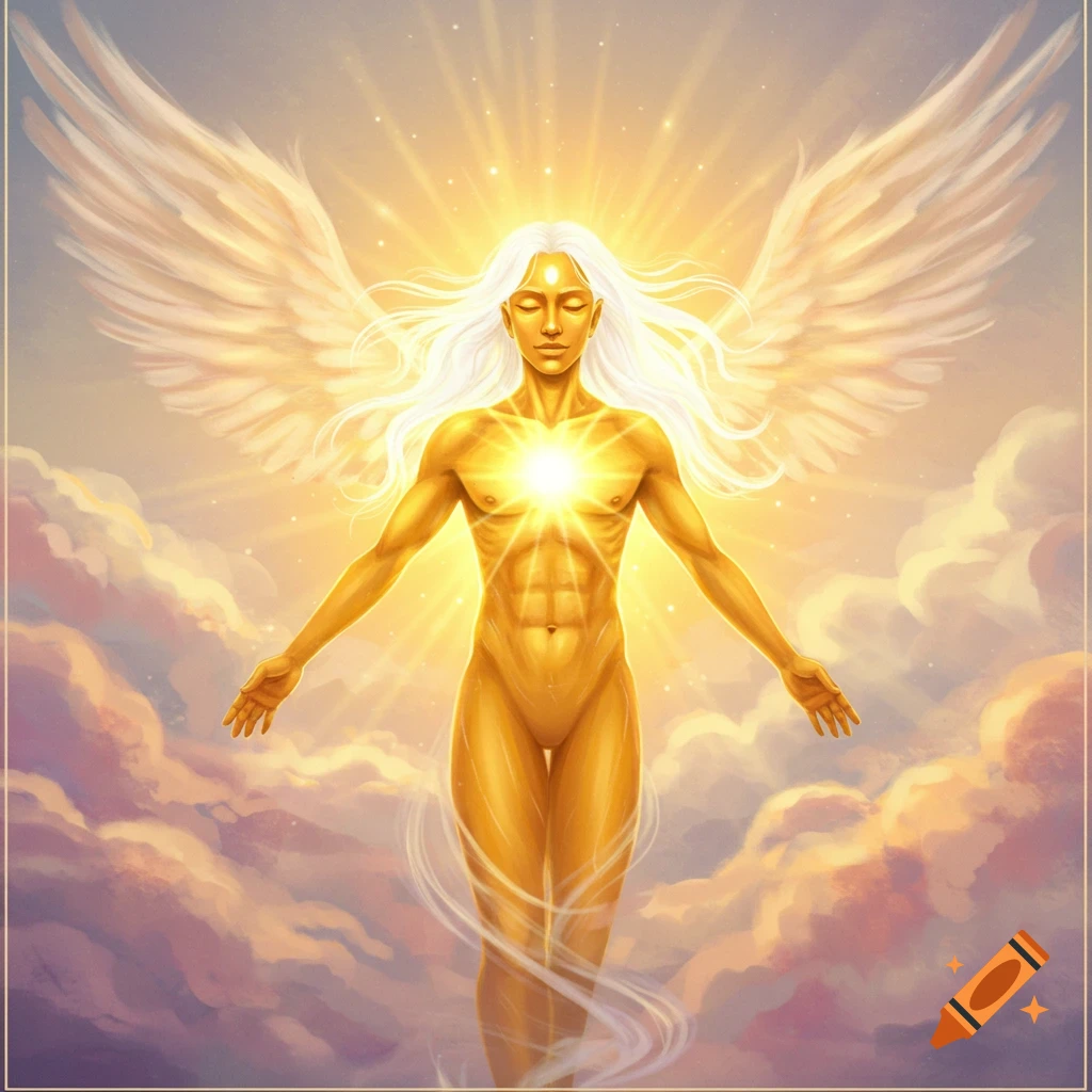 A golden winged figure glowing in the sky surrounded by clouds.