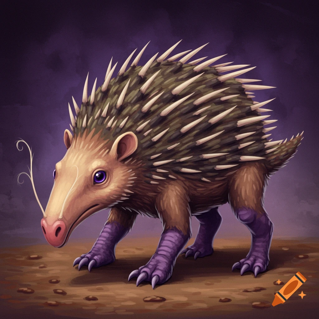A fantasy creature with spines, long snout, and purple legs.