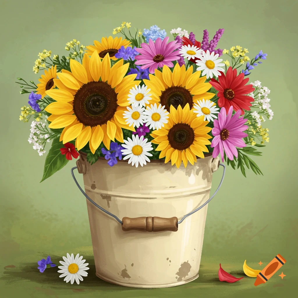 A collection of sunflowers, daisies, and other flowers in a cream bucket.