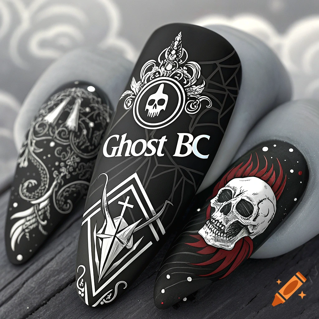 Three black false nails with gothic designs including skulls, Ghost BC text, and spiderwebs.