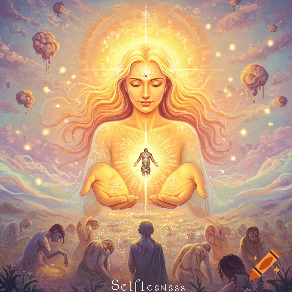 Spiritual image of a large figure holding a glowing human over kneeling, injured figures.