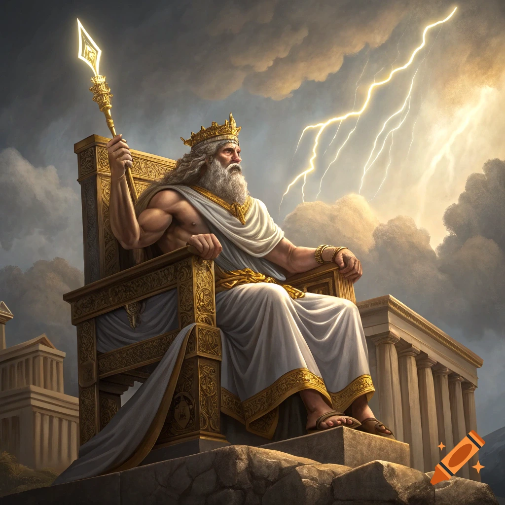 Zeus on a golden throne, holding a scepter, with lightning in the stormy sky behind him.