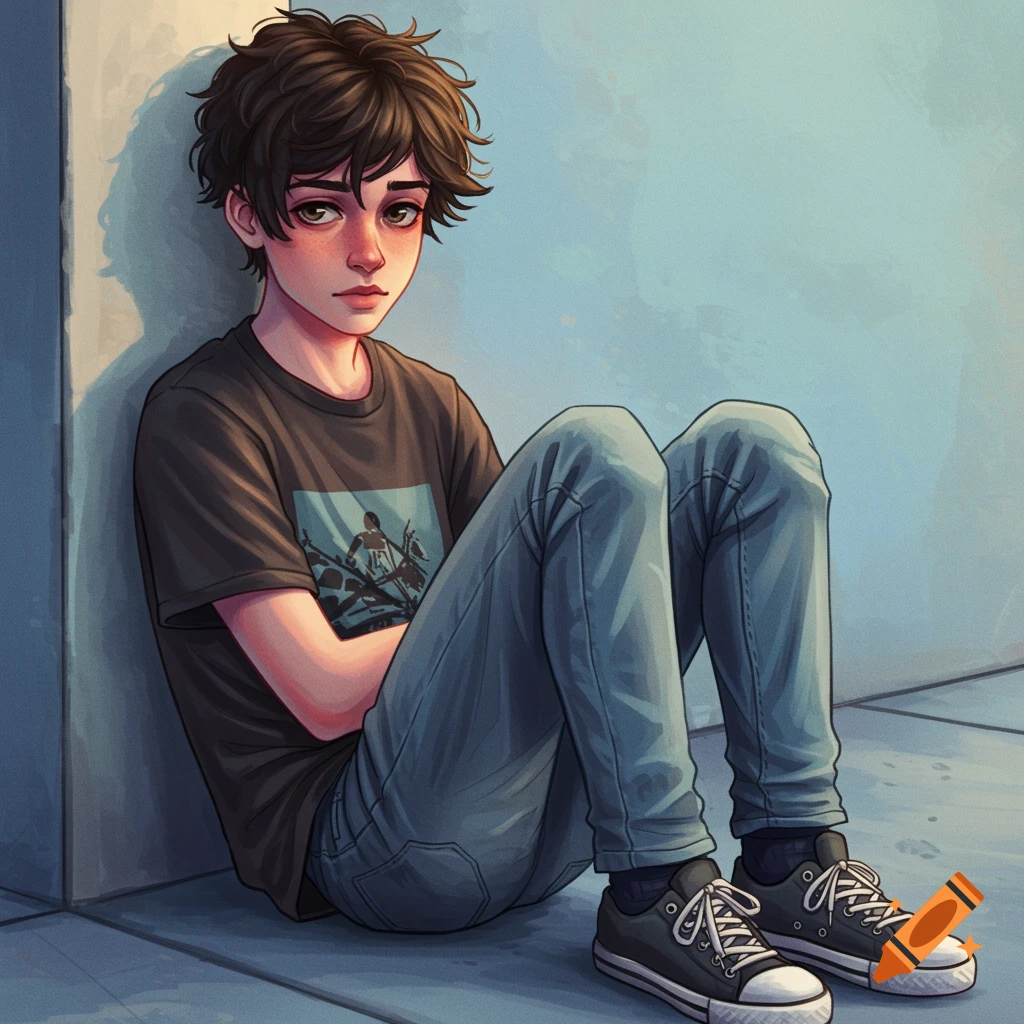 A teenage boy sits against a wall wearing a graphic tee, jeans, and sneakers.