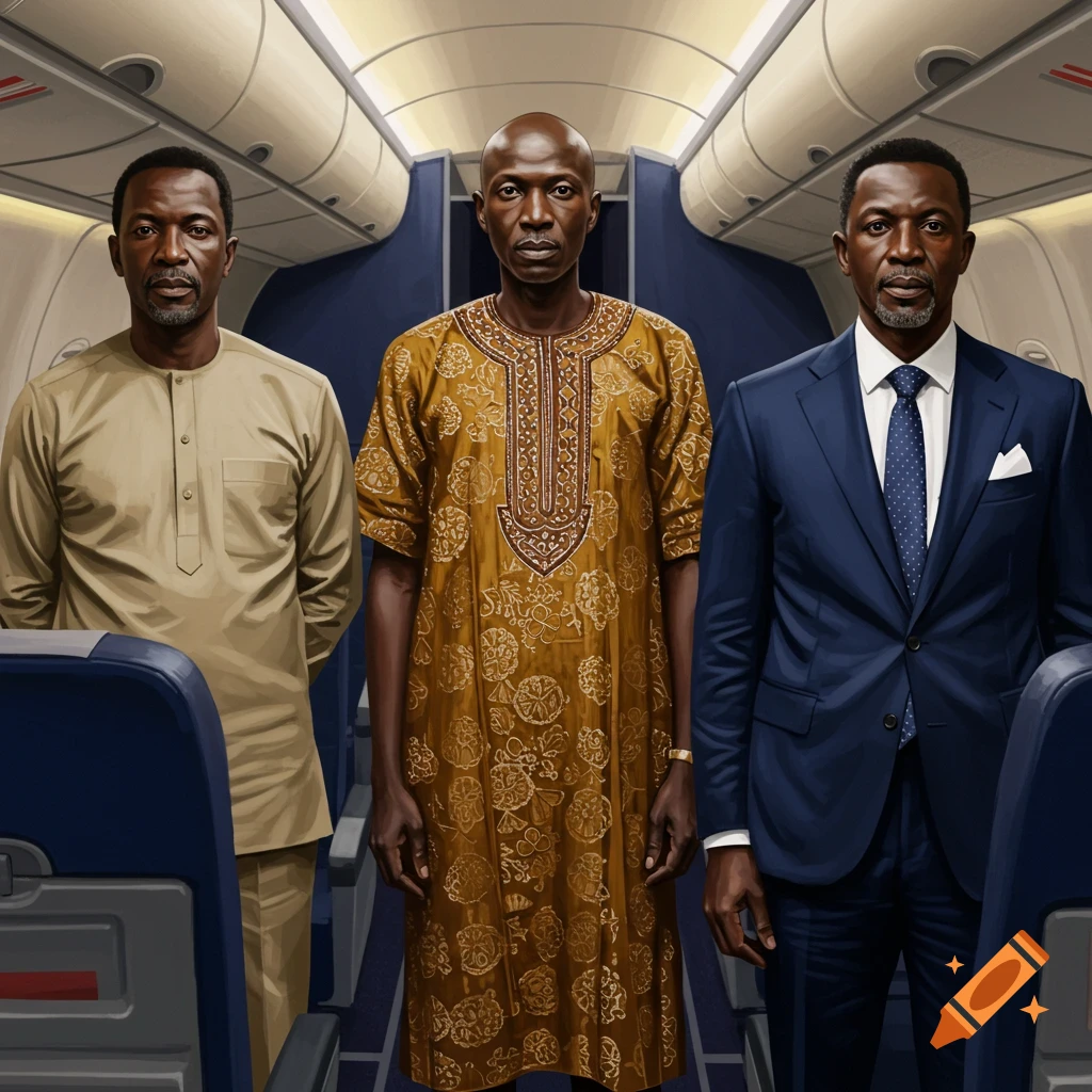 Three men in different clothing stand in an airplane aisle.