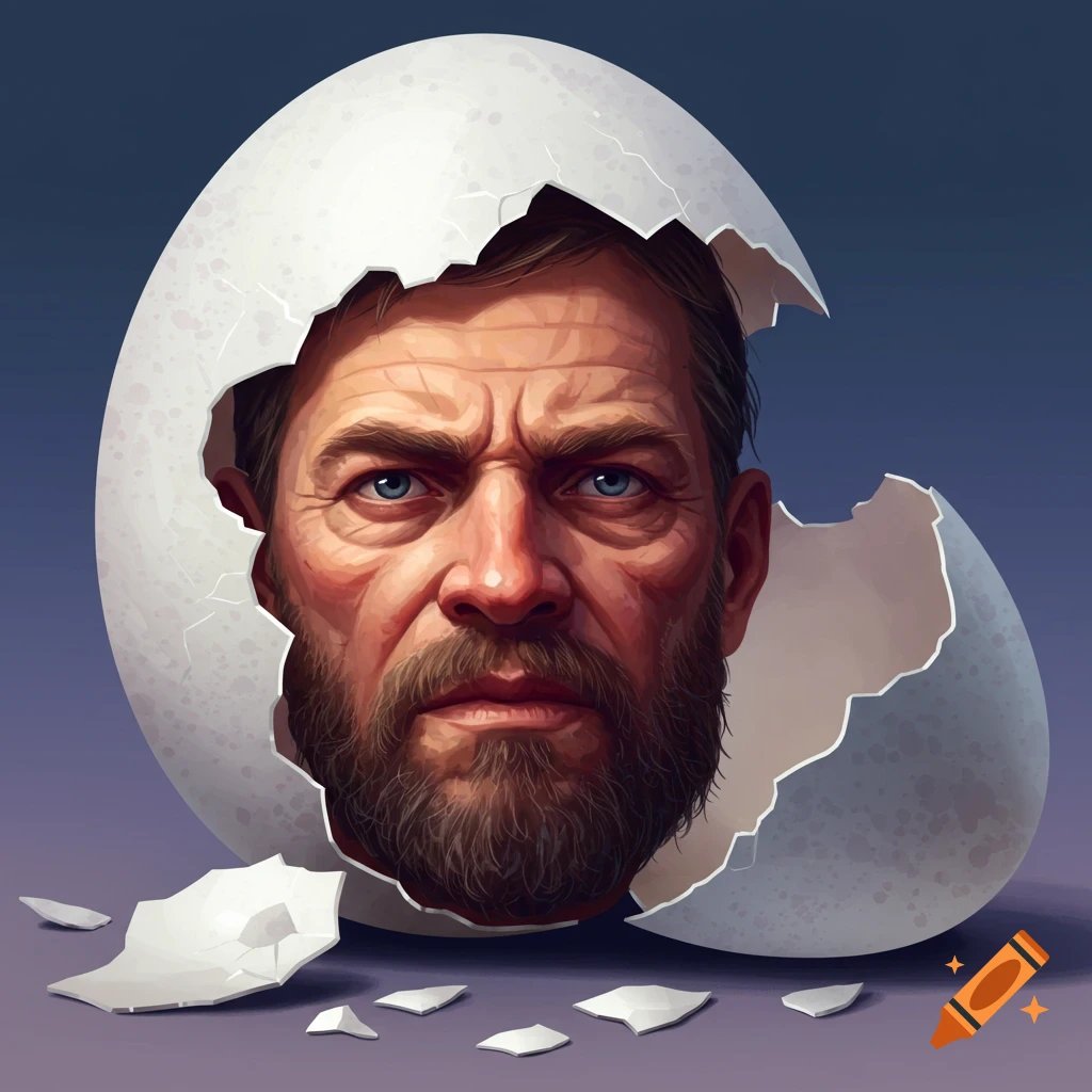 A man's face breaking out of a cracked eggshell.