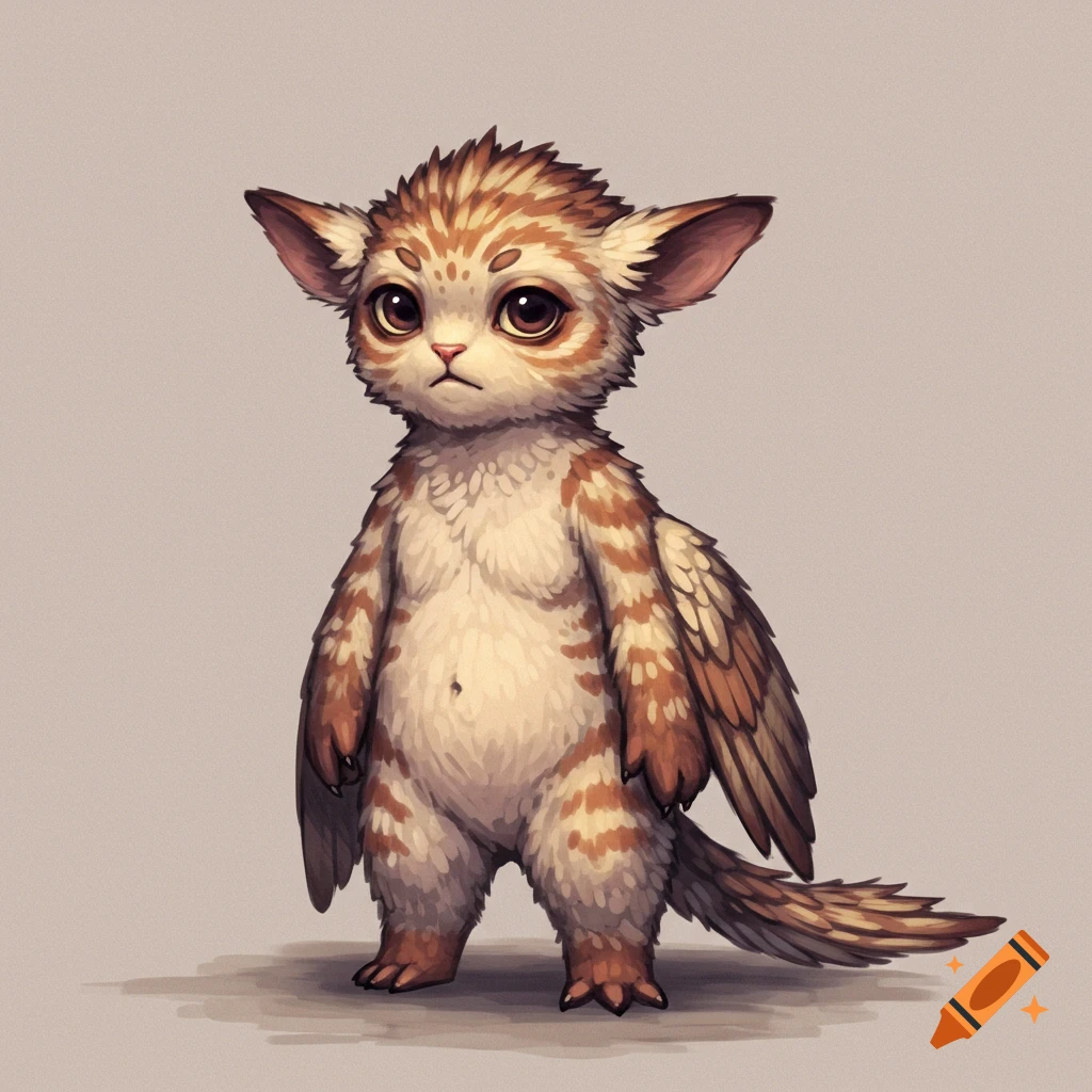 A small, fluffy fantasy creature with cat-like ears and owl-like wings, orange and tan stripes, standing.