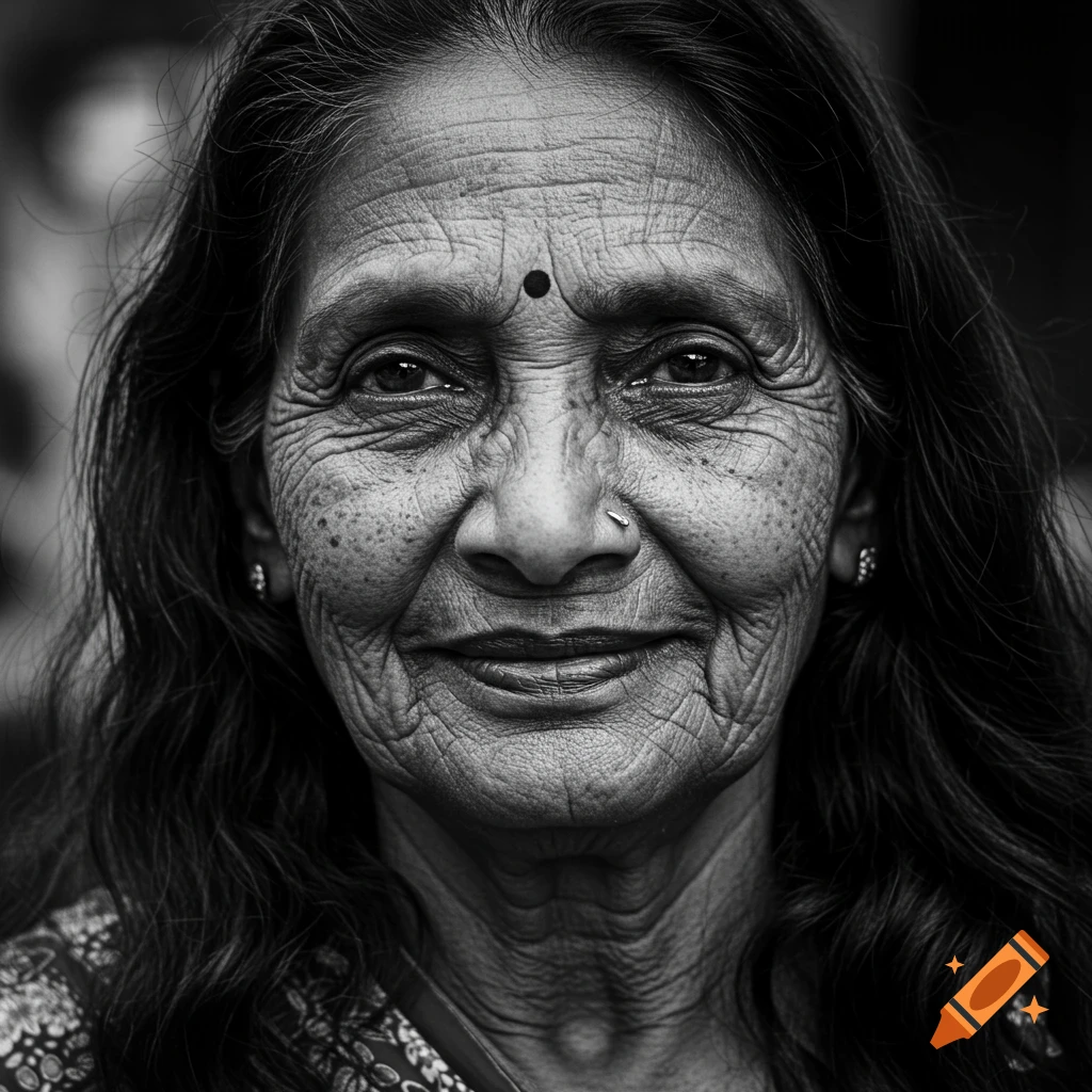 Black and white close-up portrait of an elderly Indian woman.