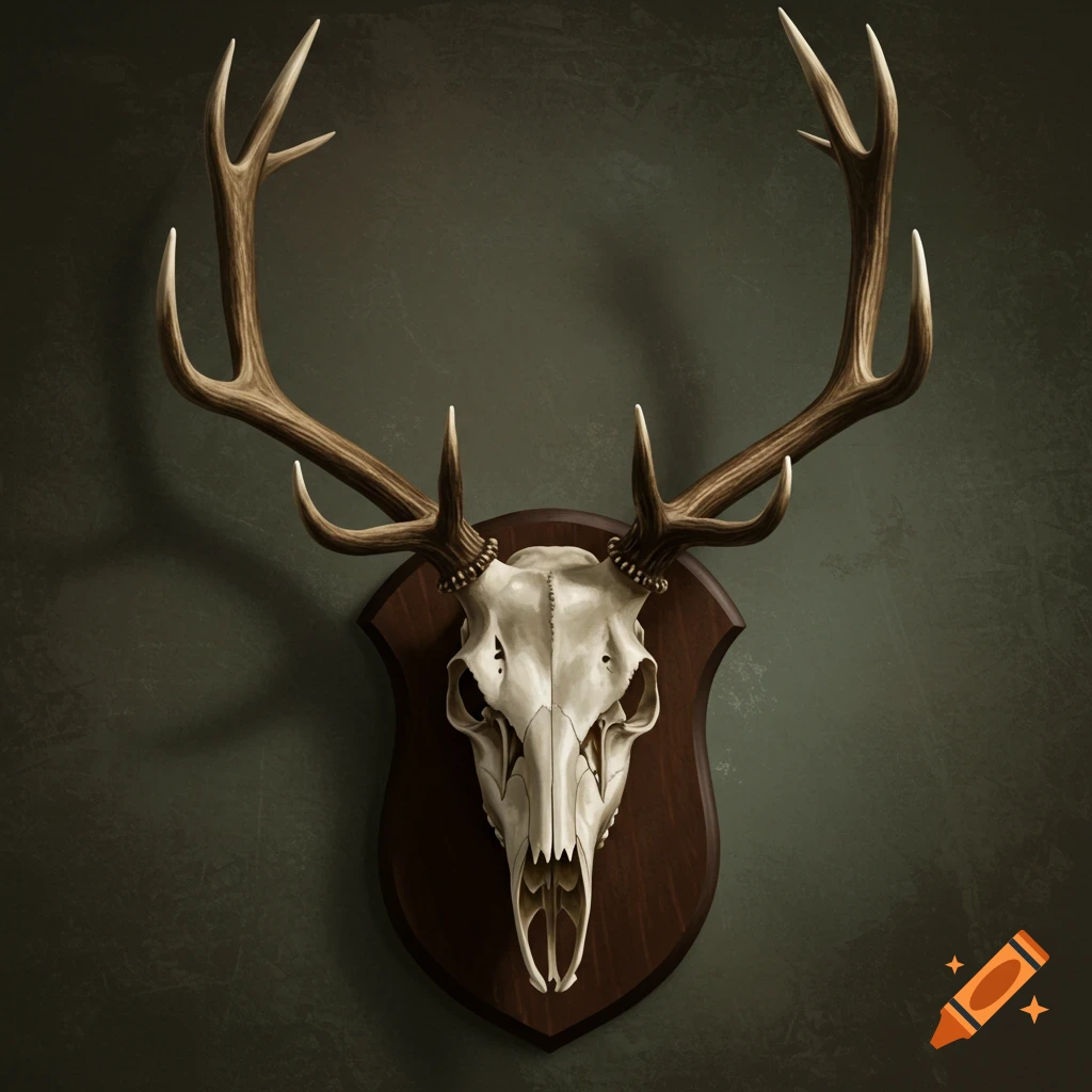 A mounted deer skull with antlers is displayed on a wooden plaque against a dark wall.