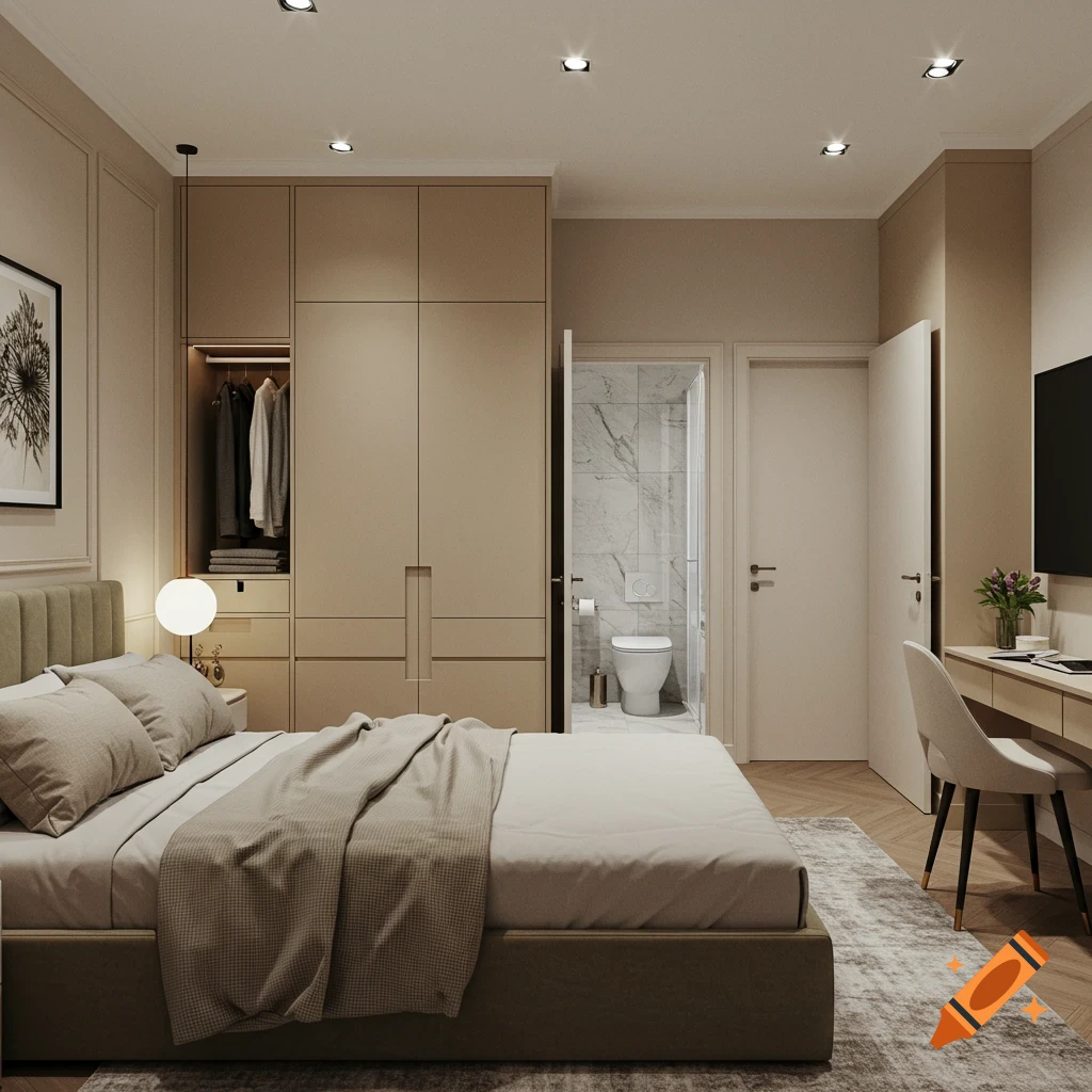 A modern bedroom with a large wardrobe, desk, and open door to an en-suite bathroom.