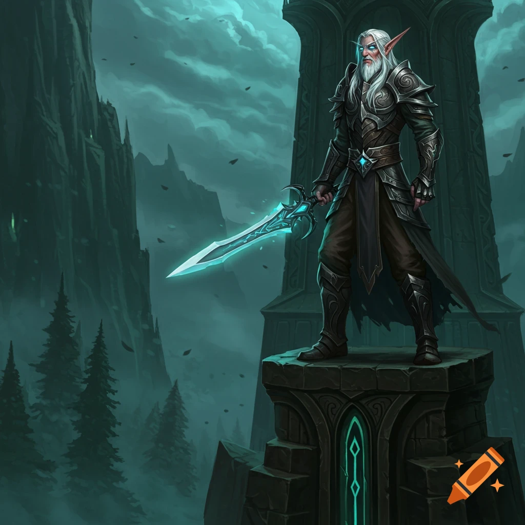An elderly male elf warrior with a glowing sword stands on a tower in a dark fantasy landscape.
