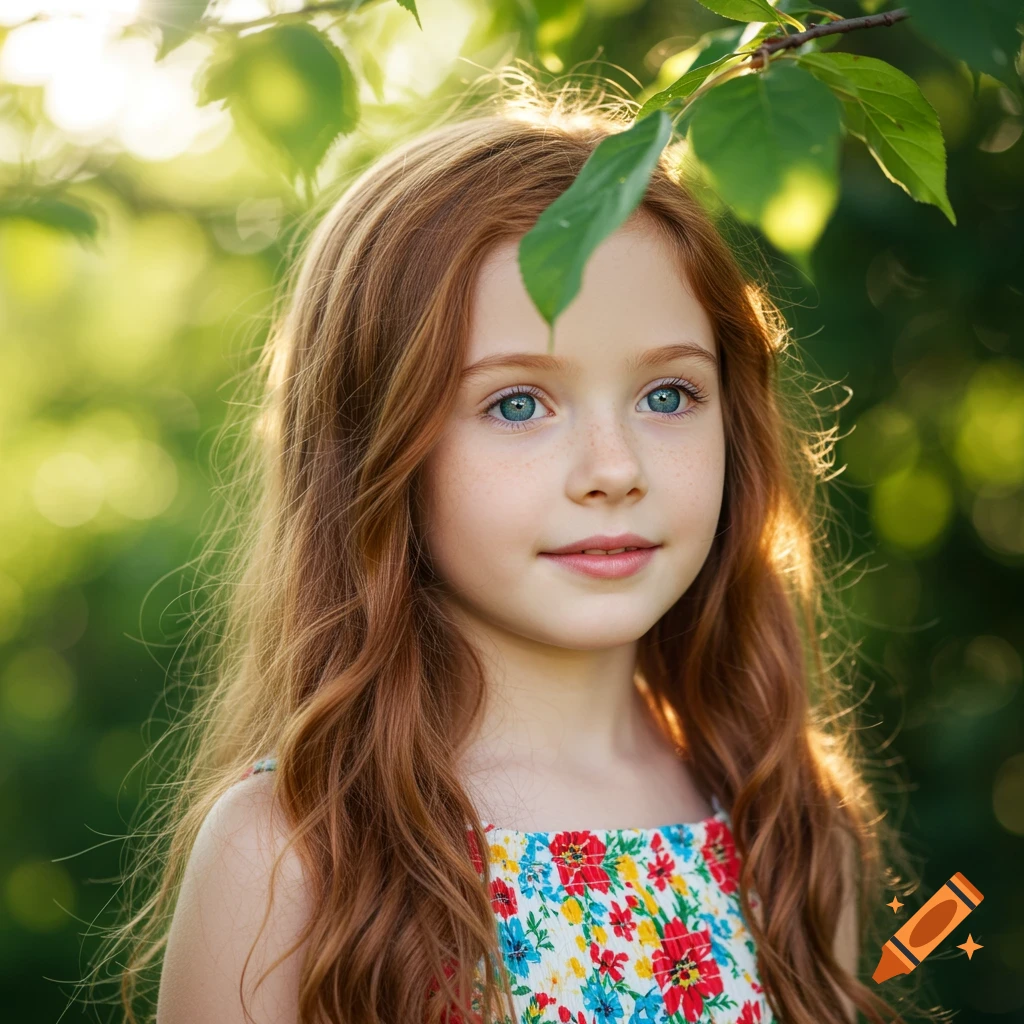 Close-up portrait of a young girl with long red hair and blue eyes, wearing a floral dress, in dappled sunlight outdoors.