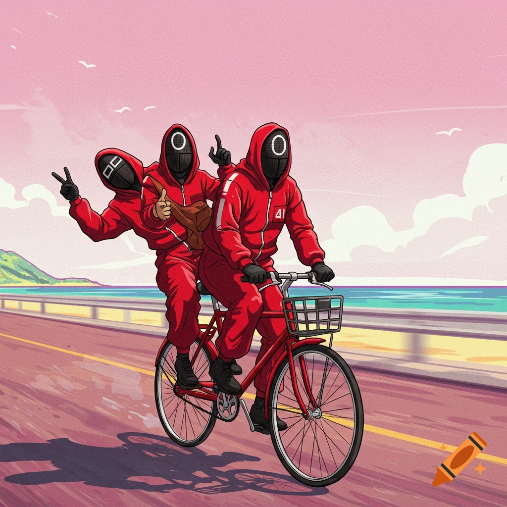 Three Squid Game guards riding a tandem bicycle along a road next to the ocean.
