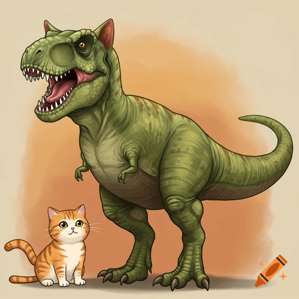 A large T-Rex with cat ears stands next to a small tabby cat.