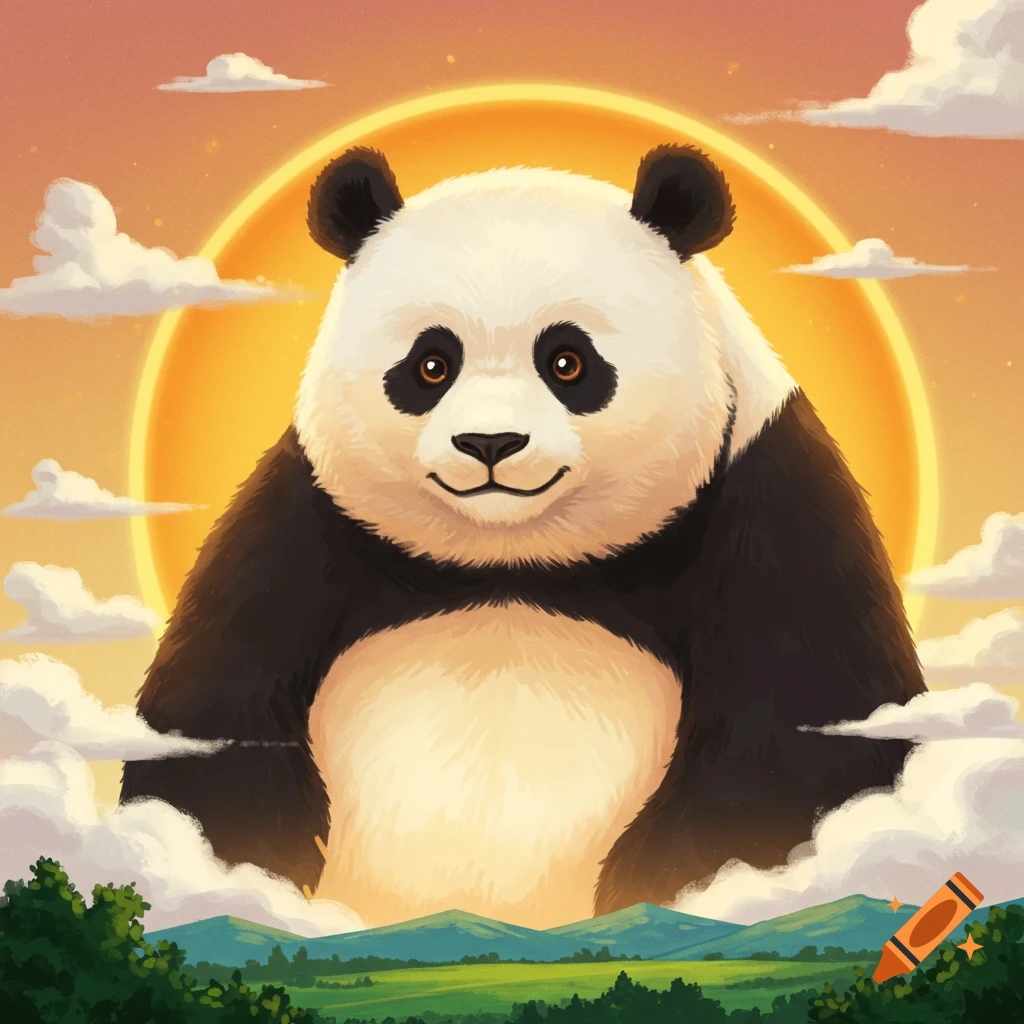 A giant panda forms the sun in a bright sky over a landscape with clouds and mountains.