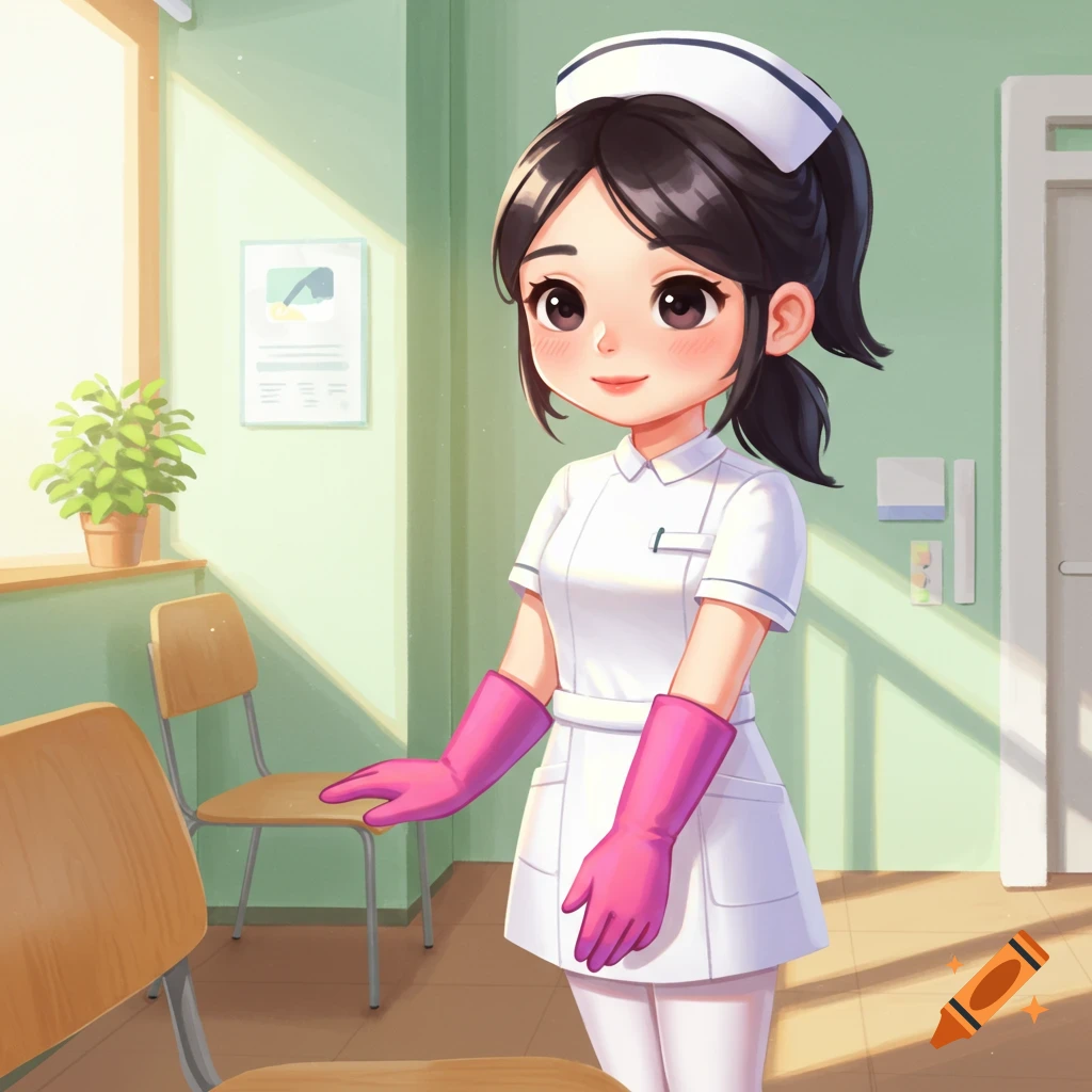 A cute female nurse in a clinic standing by a chair