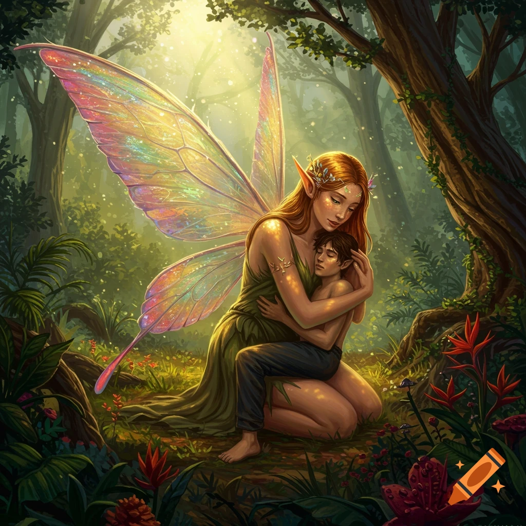 A fairy holding a child in a forest.