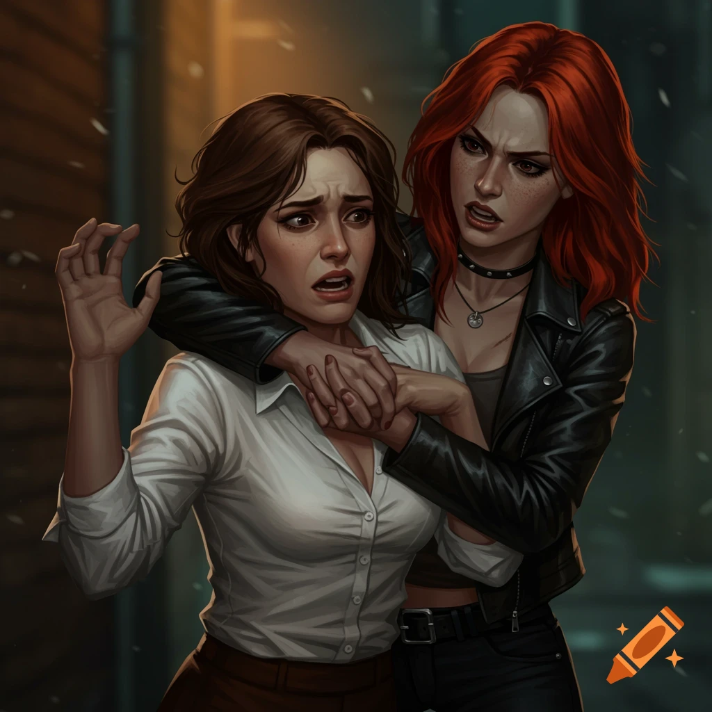 A scared woman is grabbed by a stern woman in a dark alley.