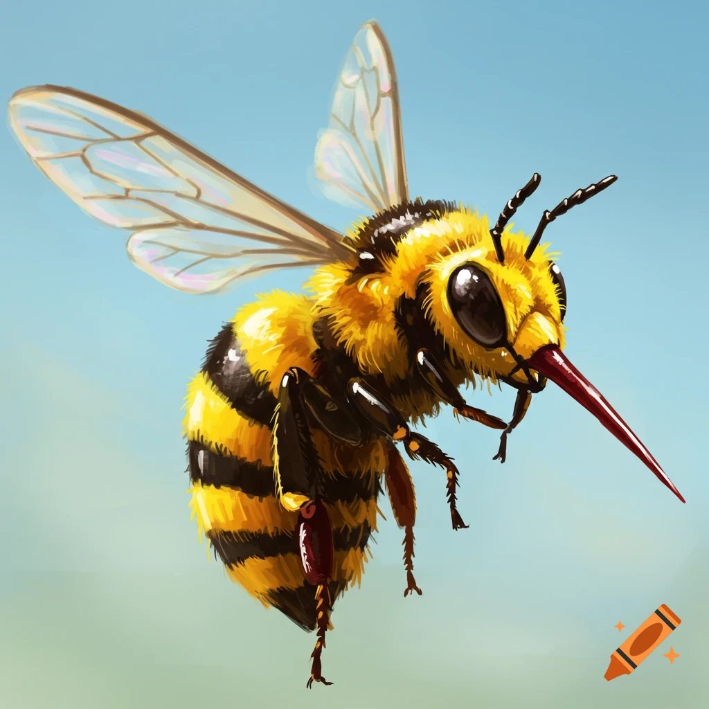 A flying honeybee with a large stinger is shown against a blue sky.
