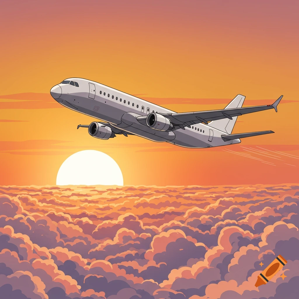 Digital illustration of a white passenger airplane flying above colorful clouds during sunset.