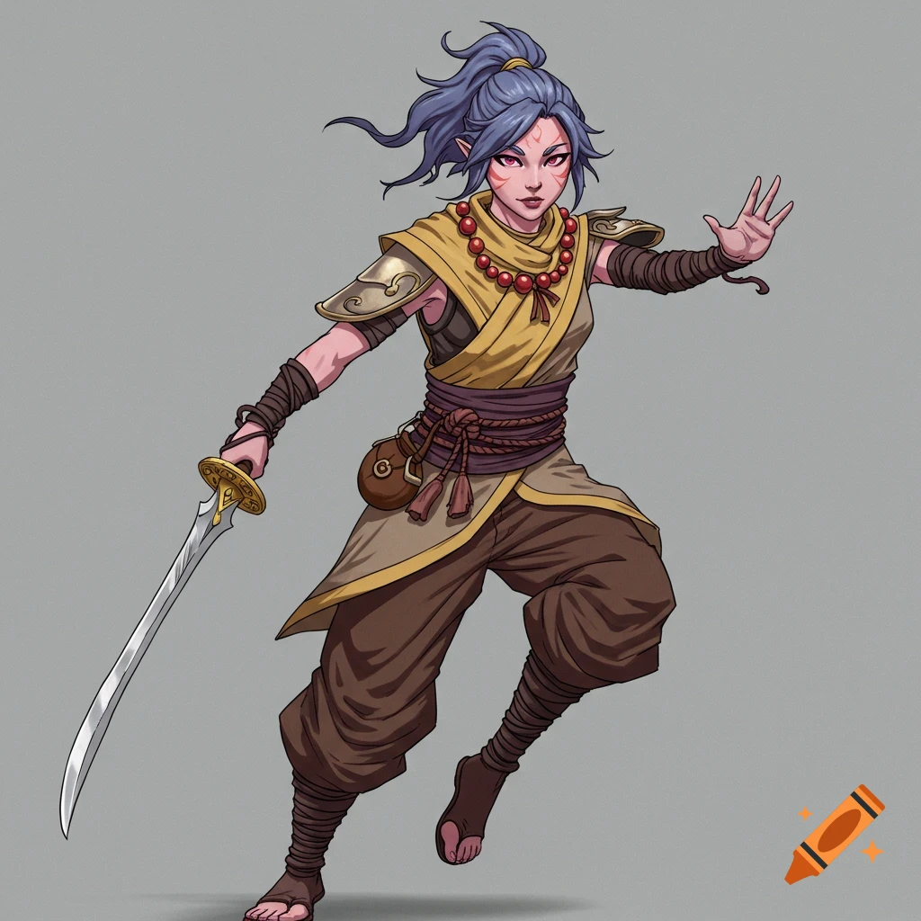 An anime-style illustration of a female fantasy warrior-monk holding a sword and raising her other hand.