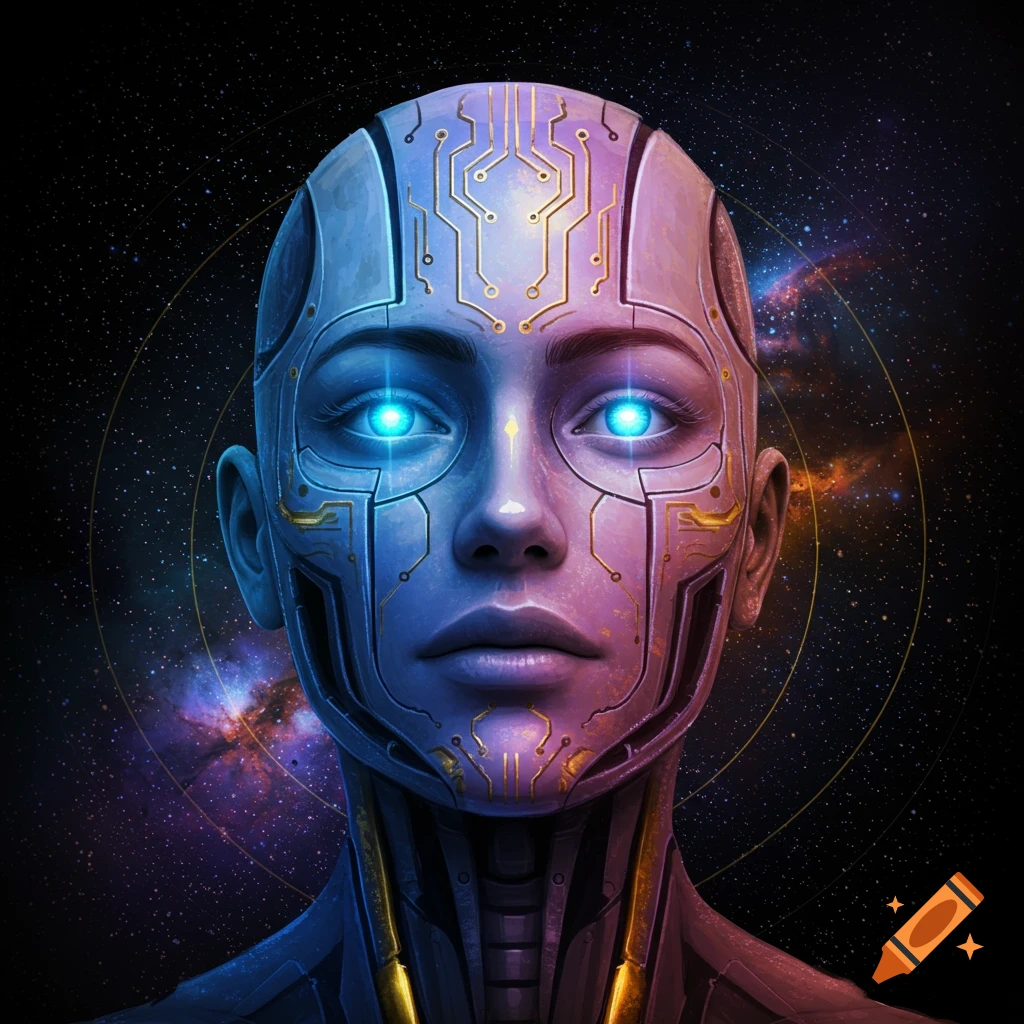 A robotic head with glowing blue eyes in space.