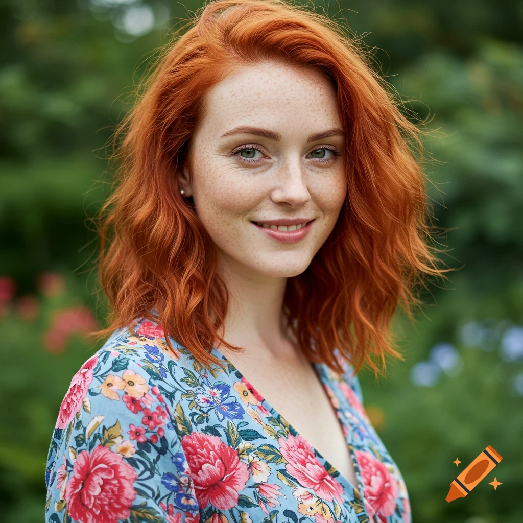 A smiling woman with red hair and freckles wears a floral dress in a garden.