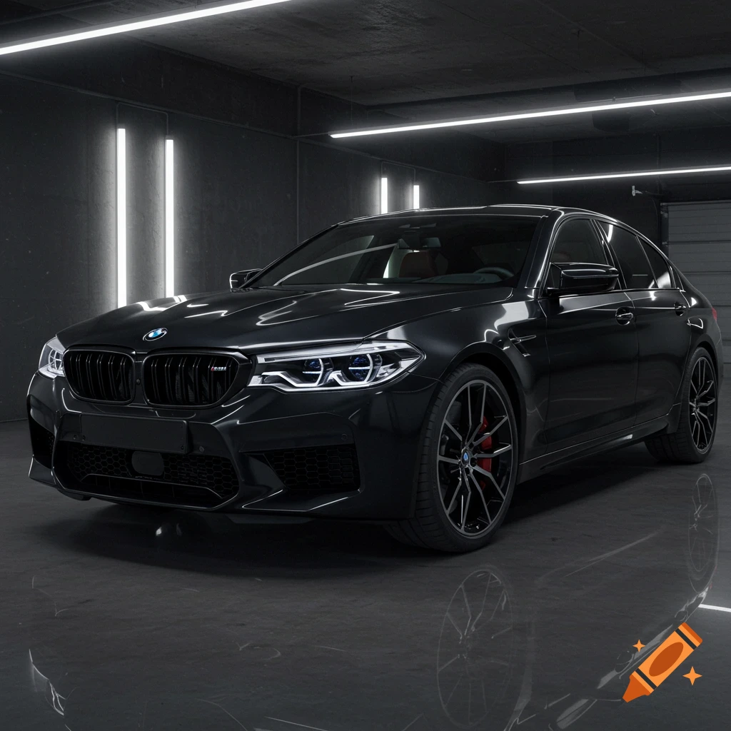A black BMW M5 CS sedan is parked in a dark garage with bright ceiling lights, reflecting on the floor.