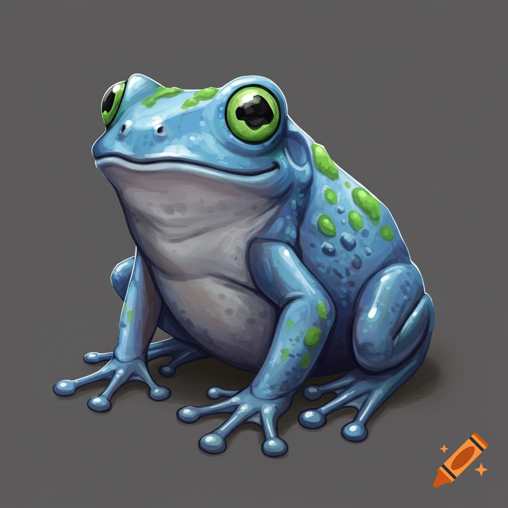 A stylized image of a blue frog with green spots, sitting and smiling on a gray background.