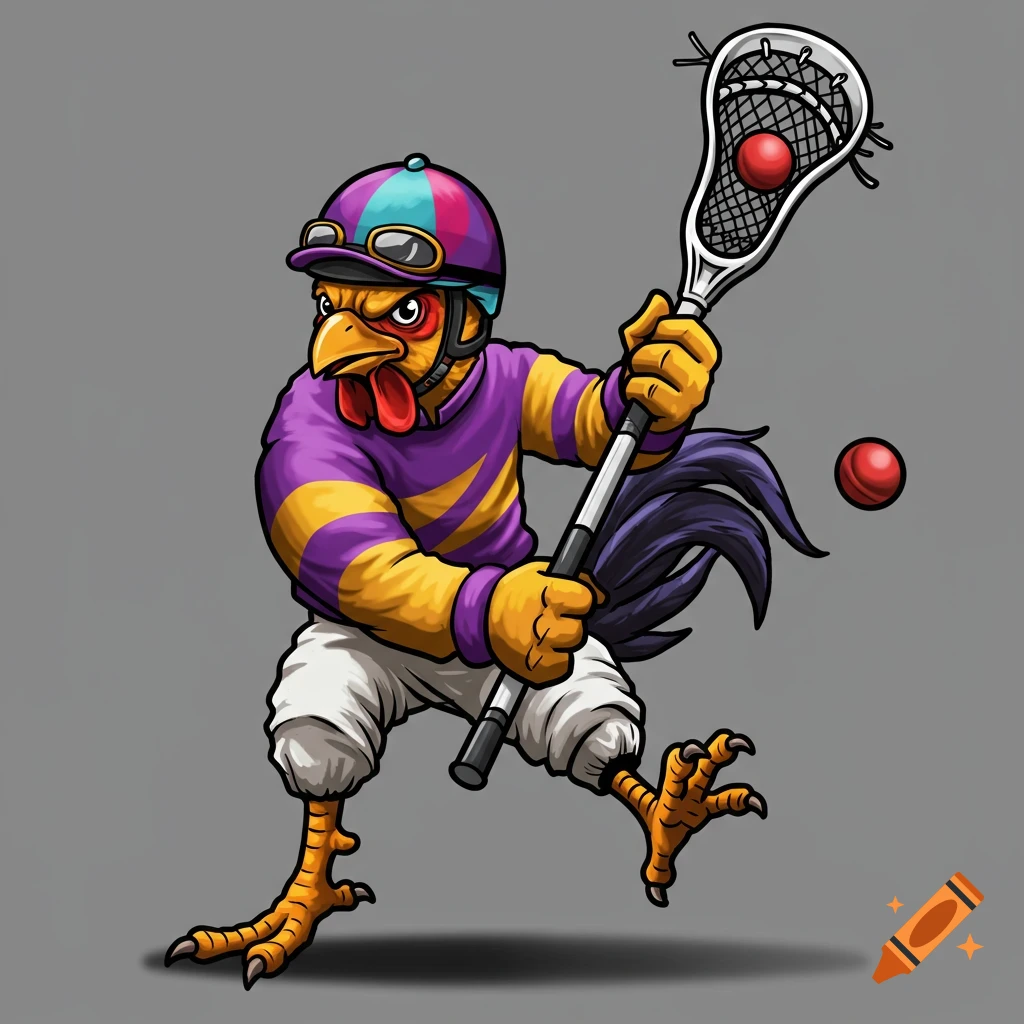 Cartoon chicken jockey playing lacrosse, in a logo style.