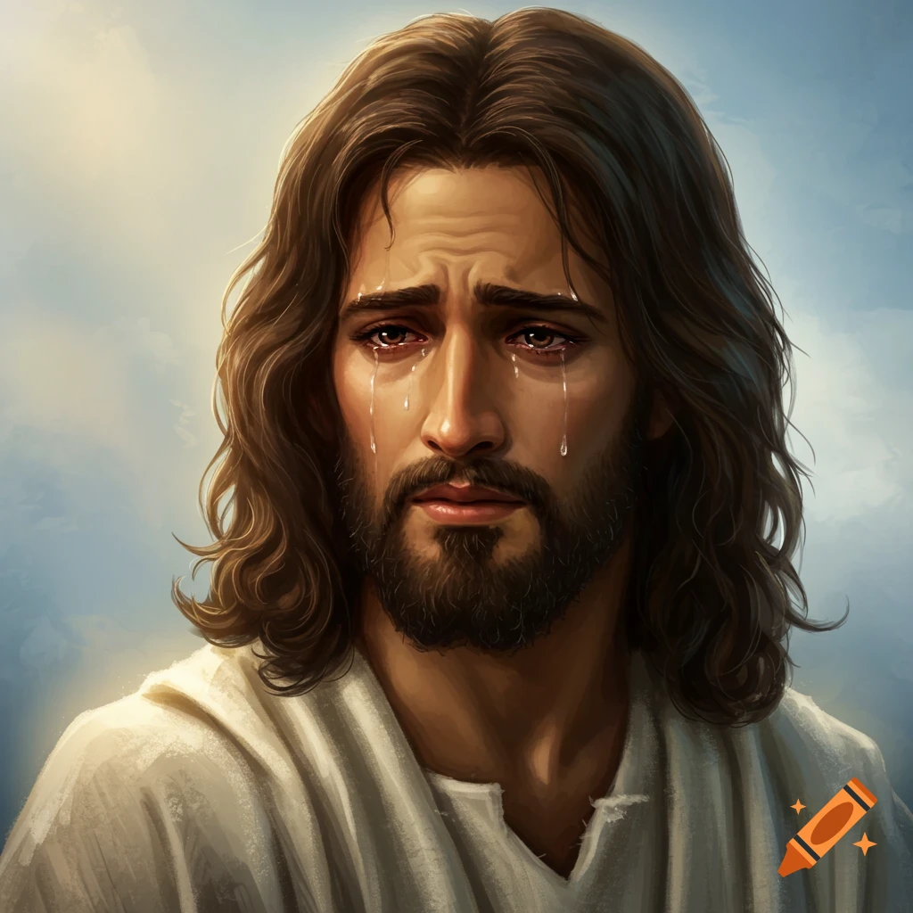A portrait of Jesus weeping with tears streaming down his face.